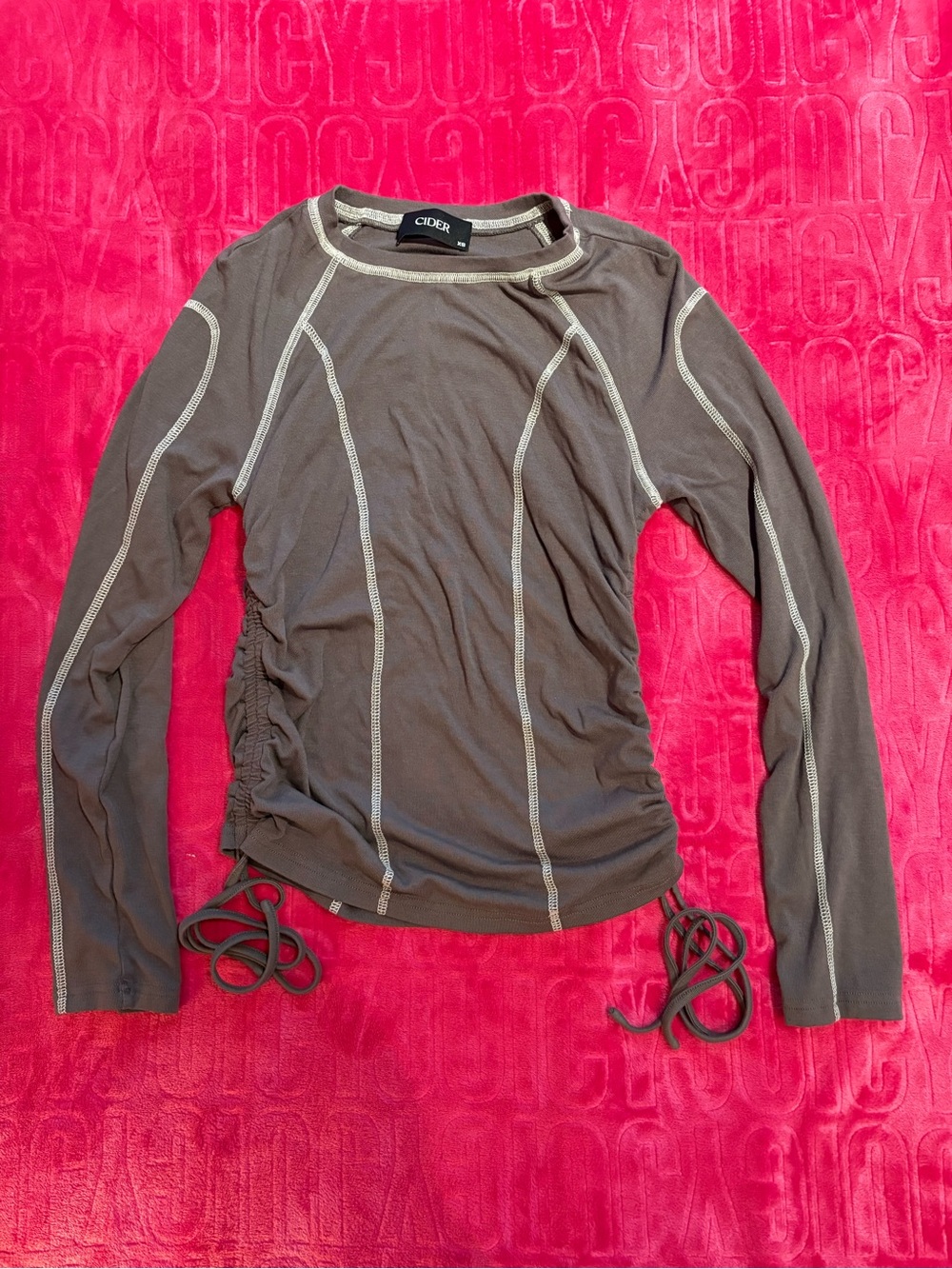Cider Long Sleeve Ruched Side Top in Brown with Contrast Stitching